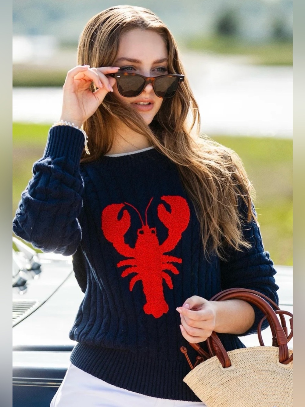 Kiel James Patrick lobster cable knit cotton sweater in navy